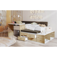 Detská posteľ s písacím stolom a úložnými priestormi AMIRA - 200x90 cm - biela/hnedá/dub artisan