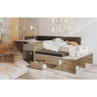 Detská posteľ s písacím stolom a úložnými priestormi AMIRA - 200x90 cm - kašmírová/hnedá/dub artisan