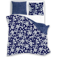 Saténové obliečky MILAGRO VERDE Biele kvety - modré / tmavo modré - 140x200 cm