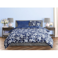 Saténové obliečky MILAGRO VERDE Biele kvety - modré / tmavo modré - 140x200 cm