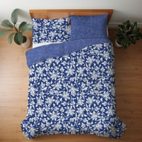 Saténové obliečky MILAGRO VERDE Biele kvety - modré / tmavo modré - 140x200 cm