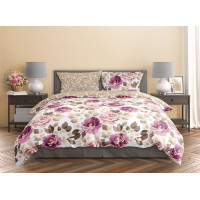 Saténové obliečky MILAGRO VERDE Fialové kvety - biele / béžové - 220x200 cm