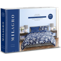 Saténové obliečky MILAGRO VERDE Biele kvety - modré / tmavo modré - 220x200 cm