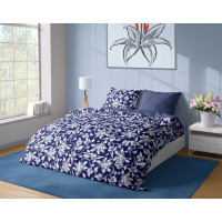 Saténové obliečky MILAGRO VERDE Biele kvety - modré / tmavo modré - 220x200 cm