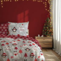 Bavlnené obliečky SCANDIC Tučniaky a ľadové medvede - šedé / červené - 160x220 cm