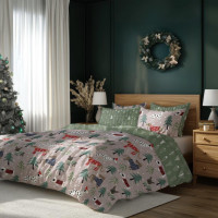 Posteľné obliečky z mikrovlákna HOLLY JOLLY Psíkovia v lese - hnedé / zelené - 160x200 cm