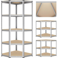 Rohový policový regál - 5 políc - 180x70x40 cm - strieborný