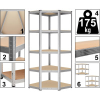 Rohový policový regál - 5 políc - 180x70x40 cm - strieborný