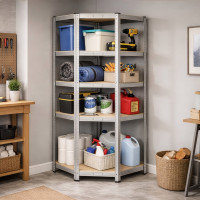 Rohový policový regál - 5 políc - 180x70x40 cm - strieborný