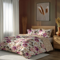 Saténové obliečky MILAGRO VERDE Fialové kvety - biele / béžové - 220x200 cm