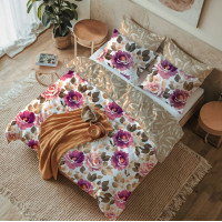 Saténové obliečky MILAGRO VERDE Fialové kvety - biele / béžové - 220x200 cm