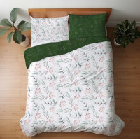 Saténové obliečky MILAGRO VERDE Zimné vetvičky - biele / zelené - 220x200 cm