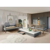 Detská poschodová posteľ z masívu borovice LUKÁŠ s prístelkou a šuplíkmi - 200x90 cm - GRAFITOVÁ