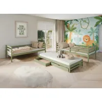 Detská poschodová posteľ z masívu borovice LUKÁŠ s prístelkou a šuplíkmi - 200x90 cm - OLIVOVO ZELENÁ