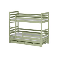 Detská poschodová posteľ z masívu borovice LUKÁŠ s prístelkou a šuplíkmi - 200x90 cm - OLIVOVO ZELENÁ