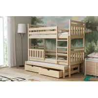 Detská poschodová posteľ z masívu borovice PETR s prístelkou a šuplíky - 200x90 cm