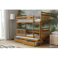 Detská poschodová posteľ z masívu borovice PETR s prístelkou a šuplíky - 200x90 cm