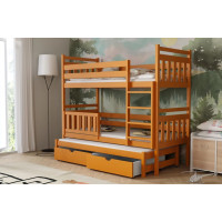 Detská poschodová posteľ z masívu borovice PETR s prístelkou a šuplíky - 200x90 cm