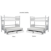 Detská poschodová posteľ z masívu borovice s rozšíreným spodným lôžkom LUKÁŠ so šuplíkmi 200x90/140 cm - BIELA, rebrík vpravo