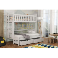 Detská poschodová posteľ z masívu borovice s rozšíreným spodným lôžkom LUKÁŠ so šuplíkmi 200x90/140 cm - BIELA, rebrík vpravo