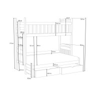 Detská poschodová posteľ z masívu borovice s rozšíreným spodným lôžkom LUKÁŠ so šuplíkmi 200x90/140 cm - BIELA, rebrík vpravo