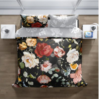 Saténové obliečky NOBILE Kvety - čierne / šedé - 160x200 cm