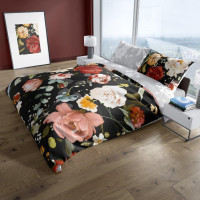 Saténové obliečky NOBILE Kvety - čierne / šedé - 160x200 cm