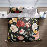 Saténové obliečky NOBILE Kvety - čierne / šedé - 220x200 cm