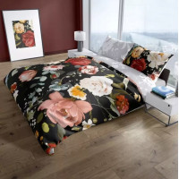 Saténové obliečky NOBILE Kvety - čierne / šedé - 220x200 cm