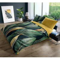 Saténové obliečky NOBILE Leaves - zelené / žlté - 220x200 cm