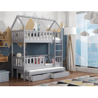 Detská domčeková poschodová posteľ z masívu borovice OTA s prístelkou a šuplíky - 200x90 cm - ŠEDÁ