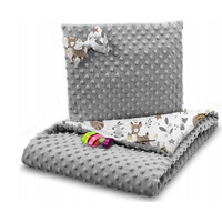 Detská deka do kočíka s vankúšikom a motýlikom - BABYMAM PREMIUM set 3v1 - Srnček a priatelia so šedou minky