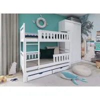 Detská poschodová posteľ z masívu KRISTIÁN s prístelkou a šuplíky - 200x90 cm - BIELA