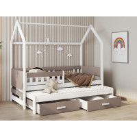 Detská domčeková posteľ z masívu borovice JASPER so šuplíkmi a prístelkou - 200x90 cm - biela/trufel