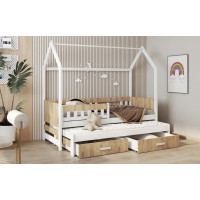 Detská domčeková posteľ z masívu borovice JASPER so šuplíkmi a prístelkou - 180x80 cm - biela/dub shetland