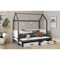 Detská domčeková posteľ z masívu borovice JASPER so šuplíkmi a prístelkou - 180x80 cm - grafit/biela