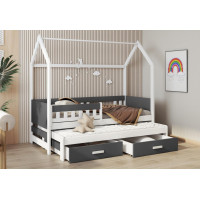 Detská domčeková posteľ z masívu borovice JASPER so šuplíkmi a prístelkou - 180x80 cm - biela/antracit