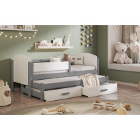 Detská posteľ z masívu borovice OWEN s prístelkou a šuplíky - 180x80 cm - šedá/biela