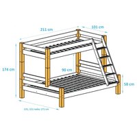 Rozmery detské poschodové postele s rozšíreným spodným lôžkom z masívu PAVLÍNA