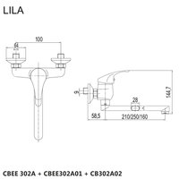 Drezová nástenná batéria, Lila, 100 mm, s ramienkom plochým rovným 210 mm, chróm