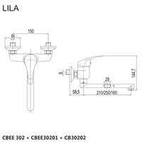 Drezová nástenná batéria, Lila, 150 mm, s ramienkom plochým rovným 210 mm, chróm