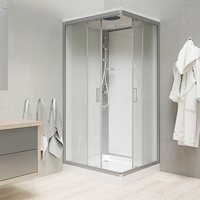 Sprchový box, štvorcový, 90 cm, profily satin, sklo Point, chrbát biela, SMC vanička, so strieškou
