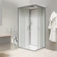 Sprchový box, štvorcový, 90 cm, profily satin, sklo Point, chrbát biela, liata vanička, so strieškou
