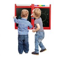 Drevená detská kriedová a magnetická tabuľa na stenu - rozkladacia - červená