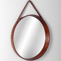 Okrúhle zrkadlo na pásku LOFT 59 cm s dreveným rámom - tmavo hnedé
