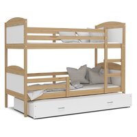 Detská poschodová posteľ s prístelkou MATTEO - 200x90 cm - biela / borovica