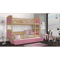 Detská poschodová posteľ s prístelkou MATTEO - 200x90 cm - ružová / borovica