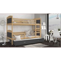 Detská poschodová posteľ s prístelkou MATTEO - 200x90 cm - sivá / borovica