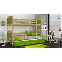 Detská poschodová posteľ s prístelkou MATTEO - 200x90 cm - zelená / borovica