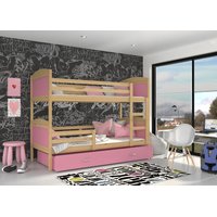 Detská poschodová posteľ so zásuvkou MATTEO - 200x90 cm - ružová / borovica